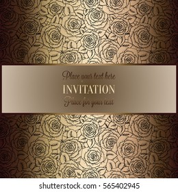 Abstract background with roses, luxury beige and gold vintage tracery made of roses, damask floral wallpaper ornaments, invitation card, baroque style booklet, fashion pattern, template for design.