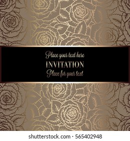 Abstract background with roses, luxury beige and gold vintage tracery made of roses, damask floral wallpaper ornaments, invitation card, baroque style booklet, fashion pattern, template for design.