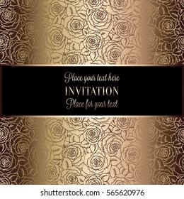 Abstract background with roses, luxury beige and gold vintage tracery made of roses, damask floral wallpaper ornaments, invitation card, baroque style booklet, fashion pattern, template for design.