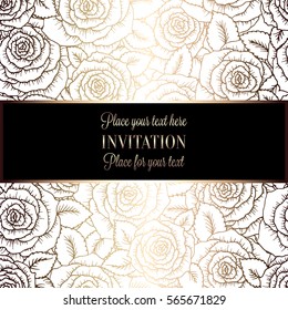 Abstract background with roses, luxury beige and gold vintage tracery made of roses, damask floral wallpaper ornaments, invitation card, baroque style booklet, fashion pattern, template for design.
