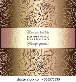 Abstract background with roses, luxury beige and gold vintage tracery made of roses, damask floral wallpaper ornaments, invitation card, baroque style booklet, fashion pattern, template for design.