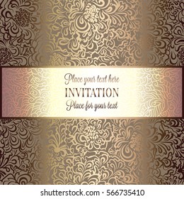Abstract background with roses, luxury beige and gold vintage frame, victorian banner, damask floral wallpaper ornaments, invitation card, baroque style booklet, fashion pattern, template for design.