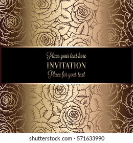 Abstract background with roses, luxury beige and gold vintage tracery made of roses, damask floral wallpaper ornaments, invitation card, baroque style booklet, fashion pattern, template for design.