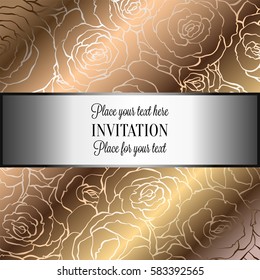 Abstract background with roses, luxury beige and gold vintage frame, victorian banner, damask floral wallpaper ornaments, invitation card, baroque style booklet, fashion pattern, template for design.