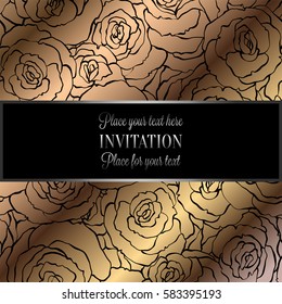 Abstract background with roses, luxury beige, black and gold vintage frame, victorian banner, damask floral wallpaper ornaments, invitation card, baroque style booklet, fashion pattern.