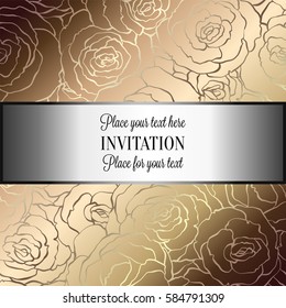 Abstract background with roses, luxury beige and gold vintage frame, victorian banner, damask floral wallpaper ornaments, invitation card, baroque style booklet, fashion pattern, template for design.