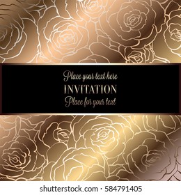 Abstract background with roses, luxury beige and gold vintage frame, victorian banner, damask floral wallpaper ornaments, invitation card, baroque style booklet, fashion pattern, template for design.