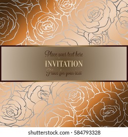 Abstract background with roses, luxury beige orange and gold vintage frame, victorian banner,damask floral wallpaper ornaments, invitation card, baroque style booklet, fashion pattern,design template