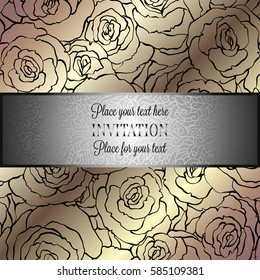 Abstract background with roses, luxury beige, black and gold vintage frame, victorian banner, damask floral wallpaper ornaments, invitation card, baroque style booklet, fashion pattern.