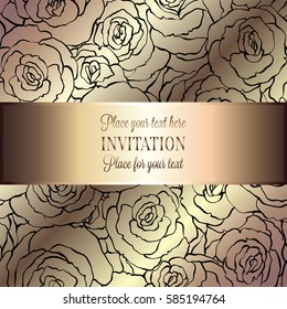 Abstract background with roses, luxury beige, black and gold vintage frame, victorian banner, damask floral wallpaper ornaments, invitation card, baroque style booklet, fashion pattern