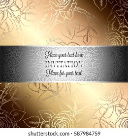 Abstract background with roses, luxury beige and gold vintage frame, victorian banner, damask floral wallpaper ornaments, invitation card, baroque style booklet, fashion pattern, template for design.