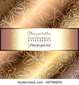 Abstract background with roses, luxury beige and gold vintage frame, victorian banner, damask floral wallpaper ornaments, invitation card, baroque style booklet, fashion pattern, template for design.