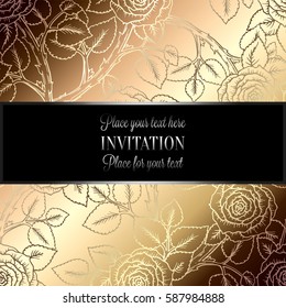 Abstract background with roses, luxury beige and gold vintage frame, victorian banner, damask floral wallpaper ornaments, invitation card, baroque style booklet, fashion pattern, template for design.