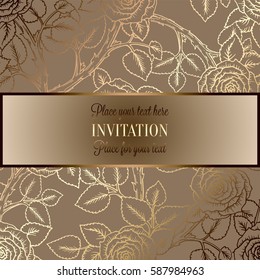 Abstract background with roses, luxury beige and gold vintage frame, victorian banner, damask floral wallpaper ornaments, invitation card, baroque style booklet, fashion pattern, template for design.