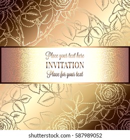 Abstract background with roses, luxury beige and gold vintage frame, victorian banner, damask floral wallpaper ornaments, invitation card, baroque style booklet, fashion pattern, template for design.