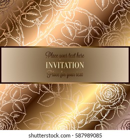 Abstract background with roses, luxury beige and gold vintage frame, victorian banner, damask floral wallpaper ornaments, invitation card, baroque style booklet, fashion pattern, template for design.
