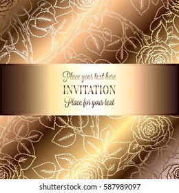Abstract background with roses, luxury beige and gold vintage frame, victorian banner, damask floral wallpaper ornaments, invitation card, baroque style booklet, fashion pattern, template for design.