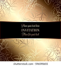 Abstract background with roses, luxury beige and gold vintage frame, victorian banner, damask floral wallpaper ornaments, invitation card, baroque style booklet, fashion pattern, template for design.