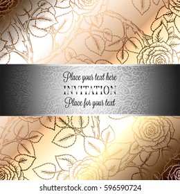 Abstract background with roses, luxury beige and gold vintage frame, victorian banner, damask floral wallpaper ornaments, invitation card, baroque style booklet, fashion pattern, template for design.