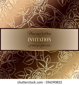 Abstract background with roses, luxury beige and gold vintage frame, victorian banner, damask floral wallpaper ornaments, invitation card, baroque style booklet, fashion pattern, template for design.