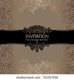 Abstract background with roses, luxury beige and gold vintage frame, damask floral wallpaper ornaments, invitation card with place for text, baroque style booklet,fashion pattern, template for design