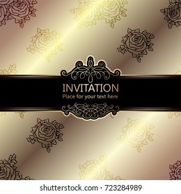 Abstract background with roses, luxury beige and gold vintage frame, damask floral wallpaper ornaments, invitation card with place for text, baroque style booklet,fashion pattern, template for design
