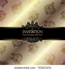 Abstract background with roses, luxury beige and gold vintage frame, damask floral wallpaper ornaments, invitation card with place for text, baroque style booklet,fashion pattern, template for design