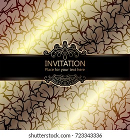 Abstract background with roses, luxury beige and gold vintage frame, damask floral wallpaper ornaments, invitation card with place for text, baroque style booklet,fashion pattern, template for design