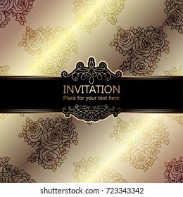 Abstract background with roses, luxury beige and gold vintage frame, damask floral wallpaper ornaments, invitation card with place for text, baroque style booklet,fashion pattern, template for design