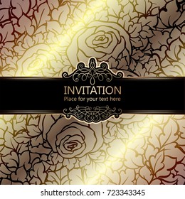 Abstract background with roses, luxury beige and gold vintage frame, damask floral wallpaper ornaments, invitation card with place for text, baroque style booklet,fashion pattern, template for design