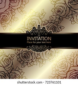 Abstract background with roses, luxury beige and gold vintage frame, damask floral wallpaper ornaments, invitation card with place for text, baroque style booklet,fashion pattern, template for design
