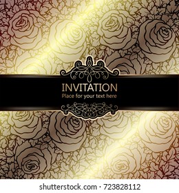Abstract background with roses, luxury beige and gold vintage frame, damask floral wallpaper ornaments, invitation card with place for text, baroque style booklet,fashion pattern, template for design