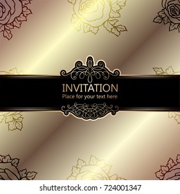 Abstract background with roses, luxury beige and gold vintage frame, damask floral wallpaper ornaments, invitation card with place for text, baroque style booklet,fashion pattern, template for design