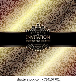 Abstract background with roses, luxury beige and gold vintage frame, damask floral wallpaper ornaments, invitation card with place for text, baroque style booklet,fashion pattern, template for design