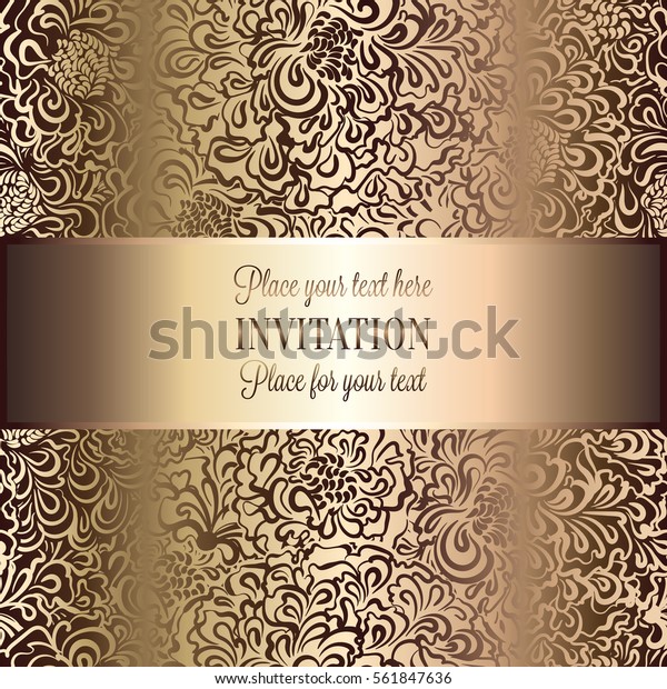 Abstract background with roses, luxury beige and\
gold vintage frame, victorian banner, damask floral wallpaper\
ornaments, invitation card, baroque style booklet, fashion pattern,\
template for design.