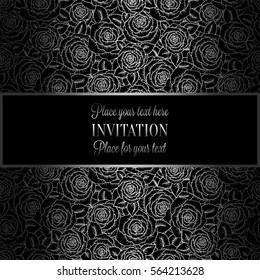 Abstract background with roses, luxury black and silver vintage tracery made of roses, damask floral wallpaper ornaments, invitation card, baroque style booklet, fashion pattern, template for design.