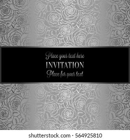 Abstract background with roses, luxury black and silver vintage tracery made of roses, damask floral wallpaper ornaments, invitation card, baroque style booklet, fashion pattern, template for design.