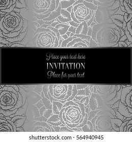 Abstract background with roses, luxury black and silver vintage tracery made of roses, damask floral wallpaper ornaments, invitation card, baroque style booklet, fashion pattern, template for design.
