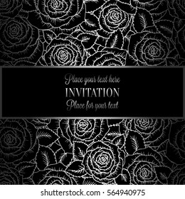 Abstract background with roses, luxury black and silver vintage tracery made of roses, damask floral wallpaper ornaments, invitation card, baroque style booklet, fashion pattern, template for design.