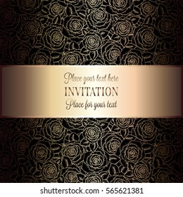 Abstract background with roses, luxury black and gold vintage tracery made of roses, damask floral wallpaper ornaments, invitation card, baroque style booklet, fashion pattern, template for design.