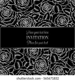 Abstract background with roses, luxury black and silver vintage tracery made of roses, damask floral wallpaper ornaments, invitation card, baroque style booklet, fashion pattern, template for design.
