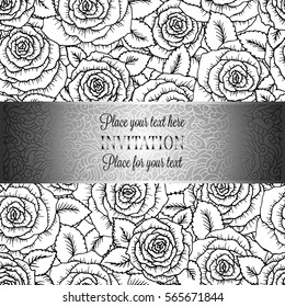 Abstract background with roses, luxury black and silver vintage tracery made of roses, damask floral wallpaper ornaments, invitation card, baroque style booklet, fashion pattern, template for design.