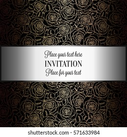 Fondo Abstractas con rosas, tracería vintage de lujo negro y oro hecha de rosas, adornos florales de Fondo de pantalla de damasco, tarjeta de invitación, folleto de estilo barroco, patrón de moda, Plantilla para el diseño.
