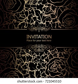 Abstract background with roses, luxury black and gold vintage frame, victorian banner, damask floral wallpaper ornaments, invitation card, baroque style booklet, fashion pattern, template for design.