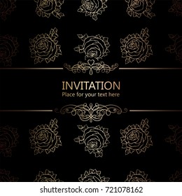 Abstract background with roses, luxury black and gold vintage frame, victorian banner, damask floral wallpaper ornaments, invitation card, baroque style booklet, fashion pattern, template for design