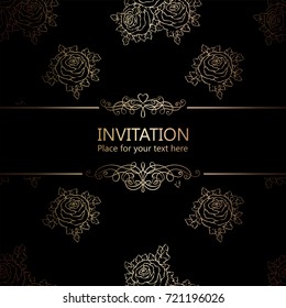 Abstract background with roses, luxury black and gold vintage frame, victorian banner, damask floral wallpaper ornaments, invitation card, baroque style booklet, fashion pattern, template for design