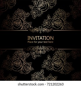 Abstract background with roses, luxury black and gold vintage frame, victorian banner, damask floral wallpaper ornaments, invitation card, baroque style booklet, fashion pattern, template for design