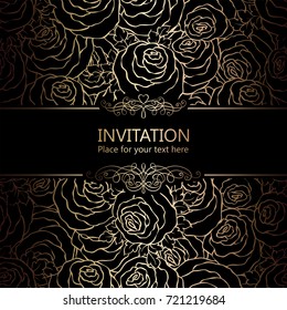 Abstract background with roses, luxury black and gold vintage frame, victorian banner, damask floral wallpaper ornaments, invitation card, baroque style booklet, fashion pattern, template for design