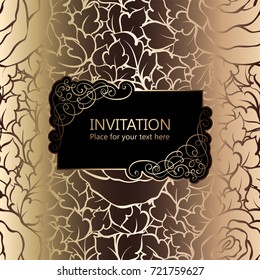 Abstract background with roses, luxury black and gold vintage frame victorian banner. damask floral wallpaper ornaments, invitation card, baroque style booklet. fashion pattern, template for design