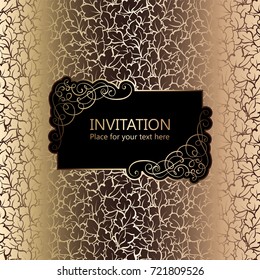 Abstract background with roses, luxury black and gold vintage frame, victorian banner, damask floral wallpaper ornaments, invitation card, baroque style booklet, fashion pattern, template for design